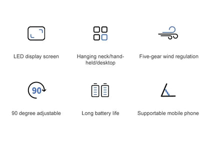 Portable Handheld Mini Fan Foldable Neck Hanging Fans 5 Speed USB Rechargeable Fan with Phone Stand and Display Screen 1800mAh