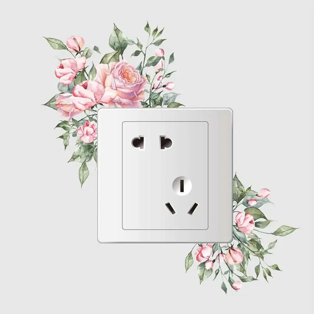 Creative Rose Daisy Peony Flowers Leaves Green Plant Wall Switch Stickers PVC Light Plugs Switches Plant Decals Home Decor Gifts