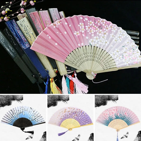 Bamboo Chinese Japanese Folding Fan Colorful Tassel Elegent Female Fan Vintage Style Folding Fan Silk Hand Fan